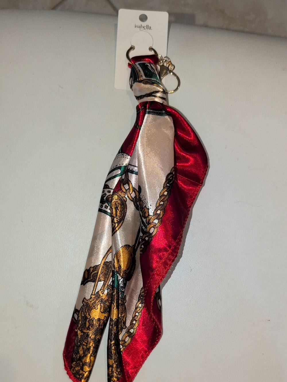 Isabella Red and Cream Chain-Print Scarf Keyring